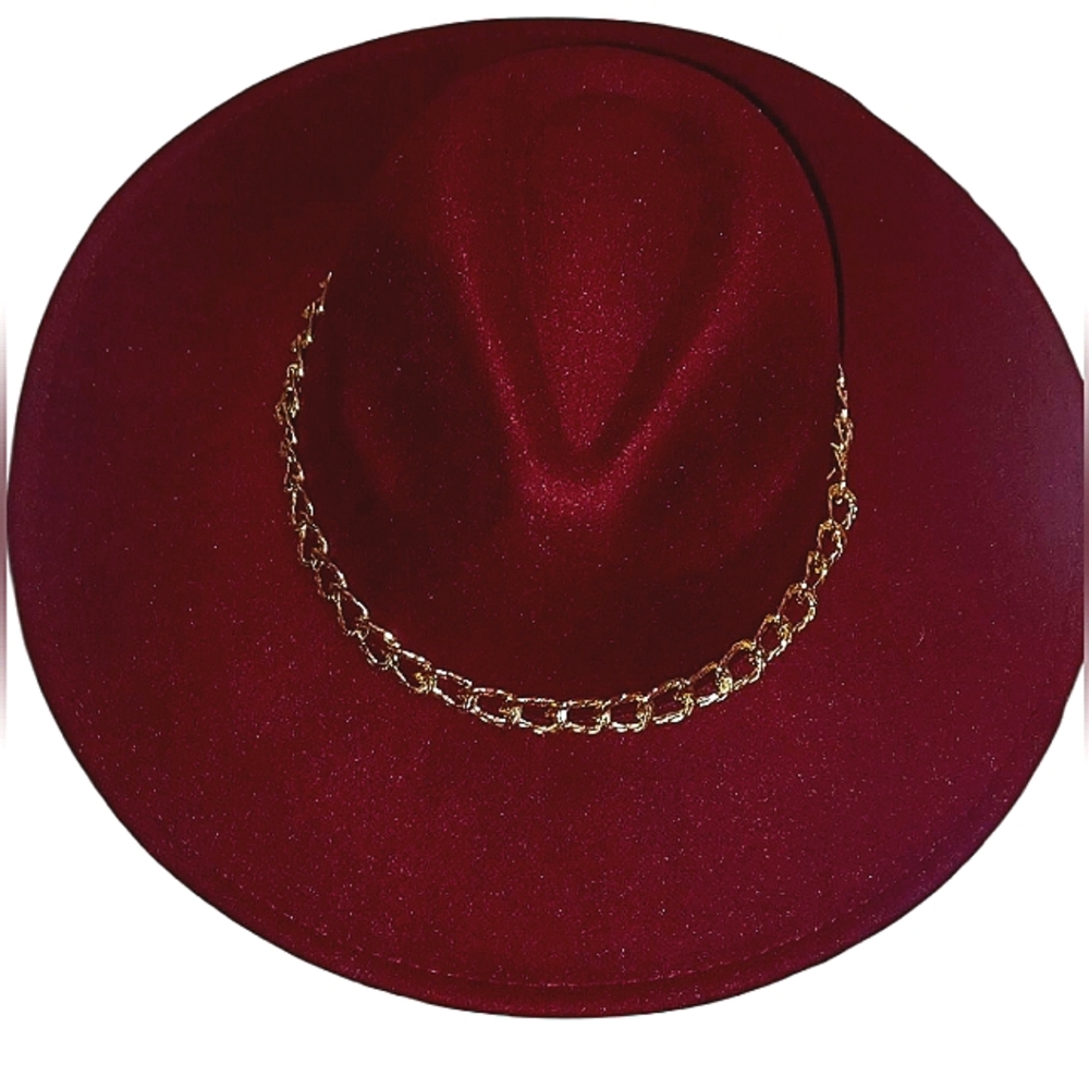 Elegant Burgundy Bohemian Style Women's Hat with Gold Chain Detail NWOT
